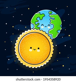 Cute funny Sun and Earth planet. Vector hand drawn cartoon kawaii character illustration icon. Sun and Earth mascot character concept