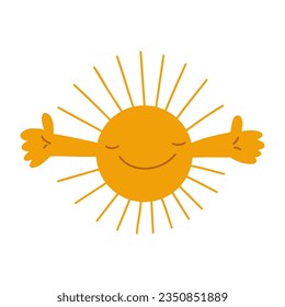 Cute funny Sun hugging character. Vector hand drawn cute cartoon character illustration icon. Isolated on white background. Sun with smile and hand image.