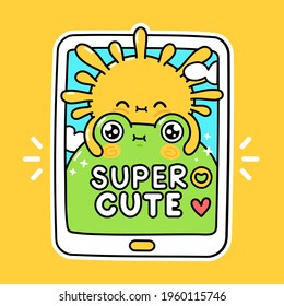 Cute funny sun hugs frog in smartphone. Vector hand drawn cartoon kawaii character illustration sticker icon. Funny cartoon toad frog and sun in social media character concept