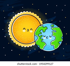 Curioso y gracioso planeta Tierra de besos Sun. Caricatura dibujada a mano del vector icono de ilustración del personaje kawaii. Concepto de carácter de mascota solar y terrestre