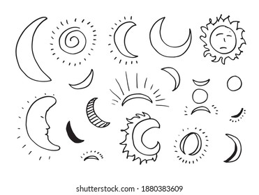 Cute and funny sun, moon doodle icons. Vector set 