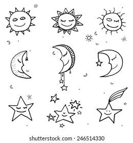 Cute And Funny Sun, Moon And Stars Doodle Icons. Vector Set 