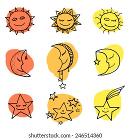 Cute And Funny Sun, Moon And Stars Doodle Icons. Vector Set 
