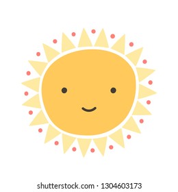 Cute funny sun with smiling face isolated on white background. Happy adorable sunny. Summer decorative design element. Childish vector illustration in flat style for baby t-shirt or sweatshirt print.