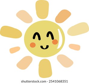 Sol divertido lindo con cara sonriente aislado en el fondo blanco. Feliz adorable soleado. Elemento de diseño decorativo de verano. Ilustración vectorial infantil en estilo plano para camiseta de bebé o estampado de sudadera.