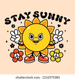 Curioso diseño de impresión de camisetas de sol. Quédese con la cita del slogan. Dibujo vectorial retro vintage de personajes de caricatura. Impresión solar divertida para camisetas, afiches, pegatinas, concepto de arte del logo