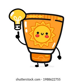 Cute funny suncreen tube with idea lamp. Vector line cartoon kawaii character illustration icon. Isolated on white background. Sunscreen, sun protection cream care,sunblock screen character concept