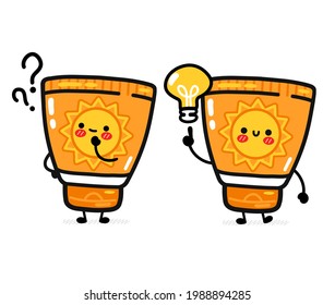 Cute funny suncreen tube with question mark and idea lightbulb. Vector flat line cartoon kawaii character illustration. Isolated on white background.Sun protection cream care,sunblock screen character
