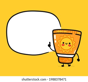 Cute funny suncreen tube with text box. Vector flat line cartoon kawaii character illustration icon. Isolated on white background. Sunscreen,sun protection cream care,sunblock screen character concept