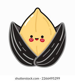 Cute lustige Sonnenblumenkerne. Vektorhandgezeichnete Cartoons kawaii Zeichentricksymbol. Einzeln auf weißem Hintergrund. Happy Sunflower Samen-Konzept