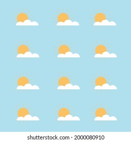 Cute and funny sunny pattern with clouds. Sun. Yellow background. Wallpaper.