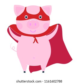 Cute funny super pig character - symbol of the 2019 Chinese New Year. Flat style design vector illustration isolated on white background. Cheerful waving pink piglet piggy.