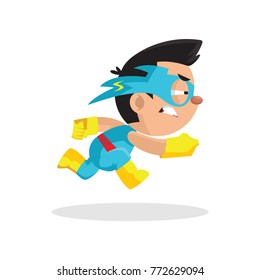 Cute funny superhero boy character in a blue costume and mask running cartoon vector Illustration