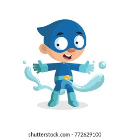 Cute funny superhero boy character in a blue costume and mask cartoon vector Illustration