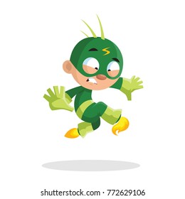 Cute funny superhero boy character in a green costume and mask cartoon vector Illustration