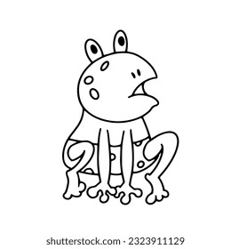 Cute funny surprised frog for design. Drawing cartoon animal character for kids worksheet, book, game, poster. Vector illustration. Black outline drawing on white background.  