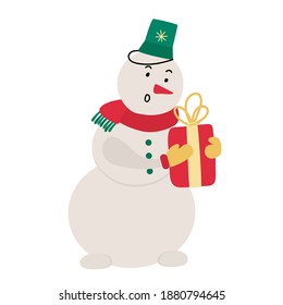 Ein süßer, lustiger Schneemann und eine Geschenkbox im flachen Cartoon-Stil.  Vektorgrafik, handgezeichnet, einzeln auf weißem Hintergrund. Ideal für Neues Jahr, Weihnachtskarte und Plakatdesign.
