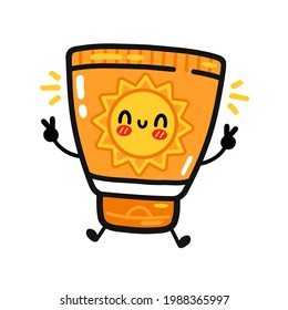 Cute funny suscreen tube. Vector flat line cartoon kawaii character illustration icon. Isolated on white background. Sunscreen, sun protection cream care,sunblock screen character concept