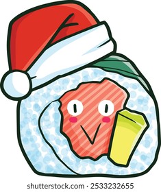 Cute and funny sushi cartoon character wearing santa's hat celebrating christmas