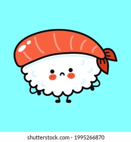 Cute funny sushi character. Vector hand drawn cartoon kawaii character illustration icon. Isolated on blue background. Sushi character concept

