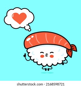 Cute funny Sushi doing yoga with speech bubble. Vector hand drawn cartoon kawaii character illustration icon. Isolated on blue background. Happy Sushi character concept