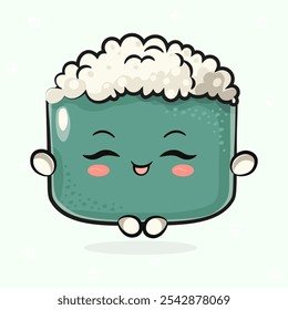 Cute funny Sushi doing yoga character. Vector hand drawn traditional cartoon vintage, retro, kawaii character illustration icon. Isolated on light green background. Sushi relax character