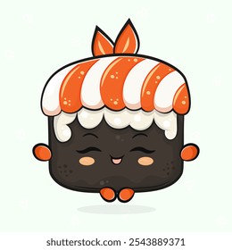 Cute funny Sushi doing yoga character. Vector hand drawn traditional cartoon vintage, retro, kawaii character illustration icon. Isolated on light green background. Sushi relax character