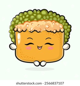 Cute funny Sushi doing yoga character. Vector hand drawn traditional cartoon vintage, retro, kawaii character illustration icon. Isolated on light green background. Sushi relax character