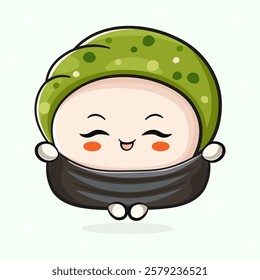 Cute funny Sushi doing yoga character. Vector hand drawn traditional cartoon vintage, retro, kawaii character illustration icon. Isolated on light green background. Sushi relax character