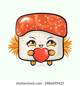 Cute funny Sushi with heart in hand. Vector hand drawn cartoon kawaii character illustration icon. Isolated on light green background. Happy Sushi character concept