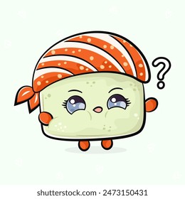 Cute funny Sushi question mark. Vector hand drawn cartoon kawaii character illustration icon. Isolated on light green background. Happy Sushi character concept