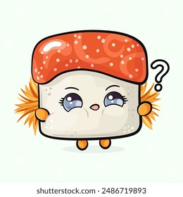Cute funny Sushi question mark. Vector hand drawn cartoon kawaii character illustration icon. Isolated on light green background. Happy Sushi character concept