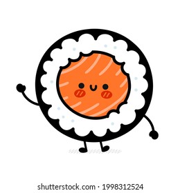 Cute funny sushi roll character. Vector flat cartoon kawaii character illustration icon. Isolated on white background. Sushi roll,maki,asian food cartoon character concept
