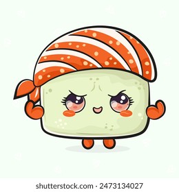 Lindo sushi divertido fuerte. Vector dibujado a mano de dibujos animados kawaii personaje ilustración icono. Aislado sobre fondo verde claro. Sushi muestra los músculos concepto de carácter