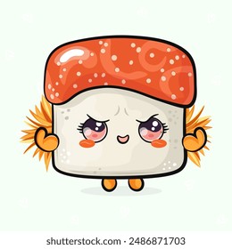 Lindo sushi divertido fuerte. Vector dibujado a mano de dibujos animados kawaii personaje ilustración icono. Aislado sobre fondo verde claro. Sushi muestra los músculos concepto de carácter