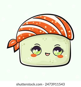 Cute funny Sushi. Vector hand drawn cartoon kawaii character illustration icon. Isolated on green background. Happy Sushi character concept