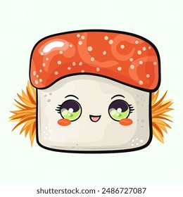 Cute funny Sushi. Vector hand drawn cartoon kawaii character illustration icon. Isolated on green background. Happy Sushi character concept