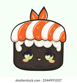 Sushi engraçado bonito. Ícone de ilustração de personagem kawaii desenhado à mão vetor. Isolado no fundo verde. Conceito de caractere Sushi