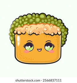 Cute funny Sushi. Vector hand drawn cartoon kawaii character illustration icon. Isolated on green background. Sushi character concept