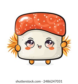 Cute funny Sushi waving hand. Vector hand drawn cartoon kawaii character illustration icon. Isolated on white background. Happy Sushi character concept