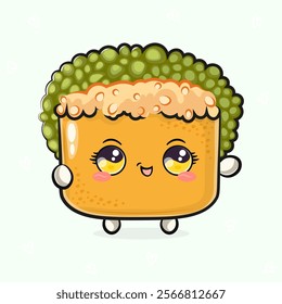 Cute funny Sushi waving hand. Vector hand drawn cartoon kawaii character illustration icon. Isolated on white background. Sushi character concept