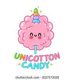 Cute funny sweet cotton sugar candy with unicorn horn. Vector hand drawn cartoon kawaii character illustration logo icon. Isolated on white background. Sweet unicorn sugar cotton candy logo concept