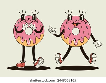 Cute and funny sweet donut characters in a groovy style vector illustration