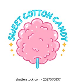 Cute funny sweet pink cotton sugar candy. Vector hand drawn cartoon illustration sticker logo icon. Isolated on white background. Sweet sugar cotton candy logo concept