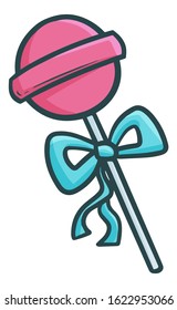 Cute and funny sweet pink lollypop with blue ribbon
