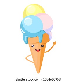 Cute, funny, sweet, tasty, cold ice cream in a cake cup with three colored balls of pink, yellow, blue with smiling face, waving his hand. Modern vector flat image design isolated on white background.