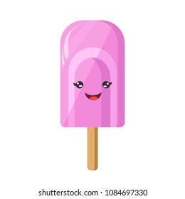 Cute, funny, sweet, tasty, cold, chill pink ice cream on a stick with a smiling face. Dainty, yummy food. Modern vector flat design image isolated on white backgroung. Image can be used as logo