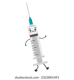 Cute and funny syringe character walking vector isolated. Illustration of a medical tool with needle. Concept of medicine and immunization. Smiling character.