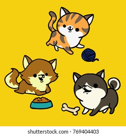 Cute and Funny Tabby Cat and dogs with bone, bowl and yawn cartoons set