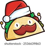 Cute and funny taco cartoon character wearing santa